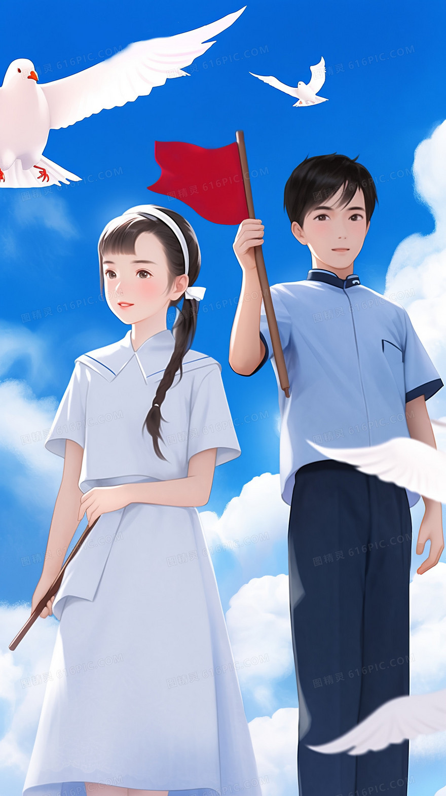毕业季穿着校服的学生站在蓝天白云下憧憬未来