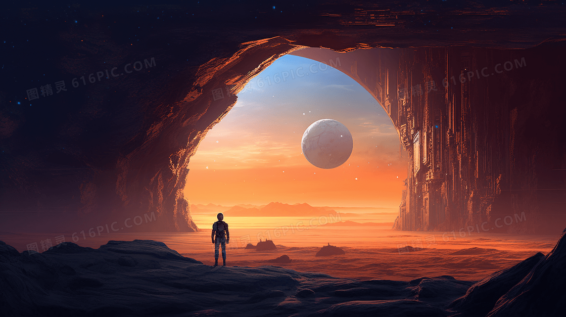 彩色科技星球登陆科幻插画