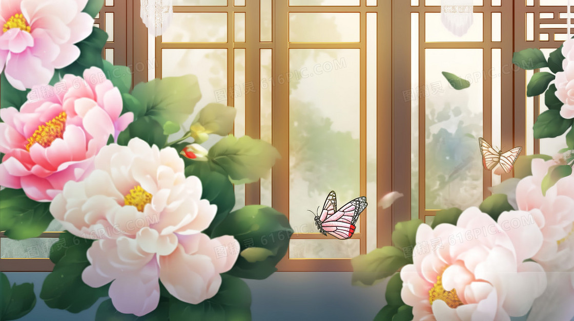 古色古香中国风窗户唯美大气牡丹花创意插画