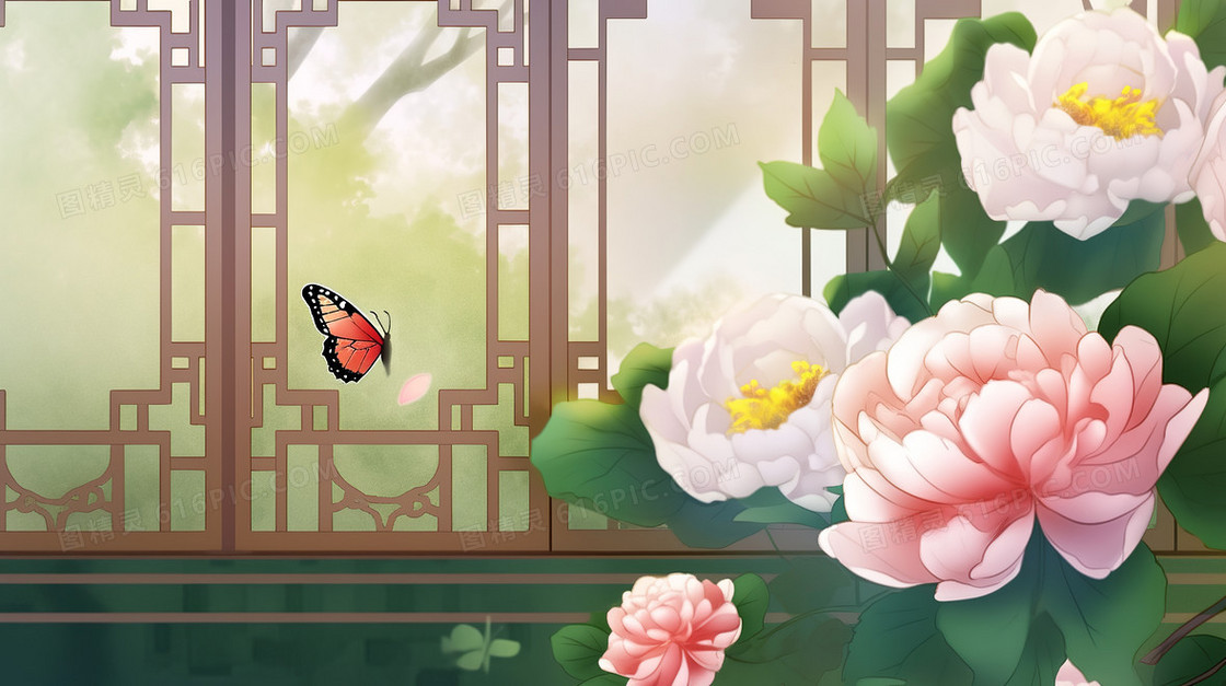古色古香中国风窗户唯美大气牡丹花创意插画