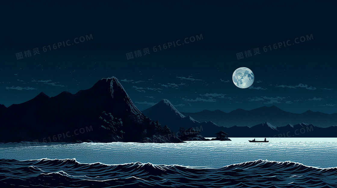 暗蓝色极简风夜晚海边风景创意插画