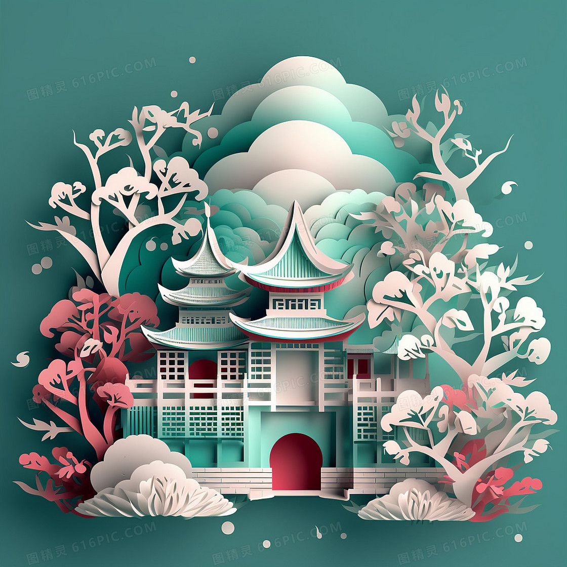 中国风红绿撞色亭台楼阁园林建筑创意剪纸插画
