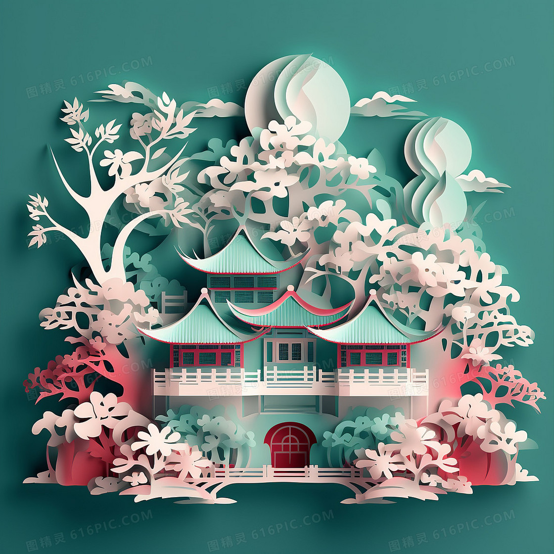 中国风红绿撞色亭台楼阁园林建筑创意剪纸插画