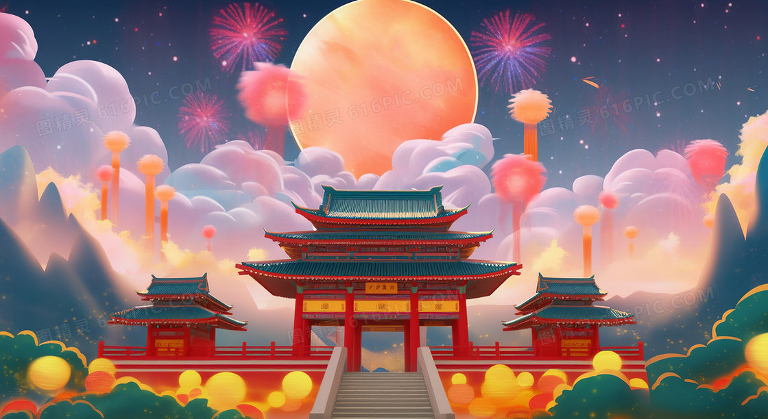 大气国潮风中国建筑云彩环绕中秋节创意节日插画