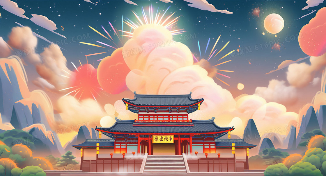 大气国潮风中国建筑云彩环绕中秋节创意节日插画