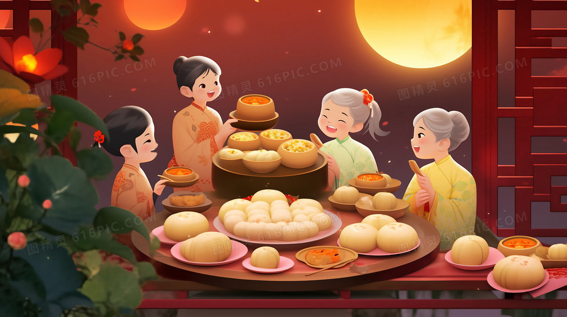 八月十五中秋节一家人团聚赏月中国传统节日创意插画