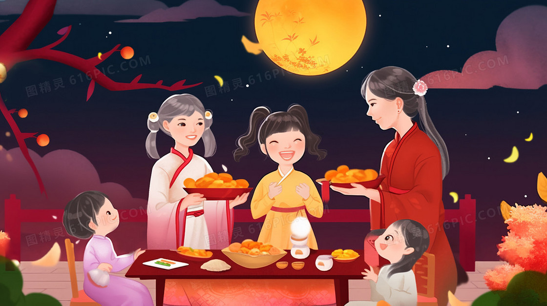 八月十五中秋节一家人团聚赏月中国传统节日创意插画