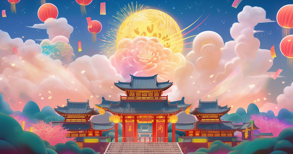 大气国潮风中国建筑云彩环绕中秋节创意节日插画