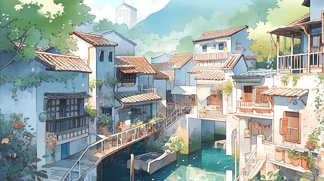 彩色夏季江南水乡美景插画