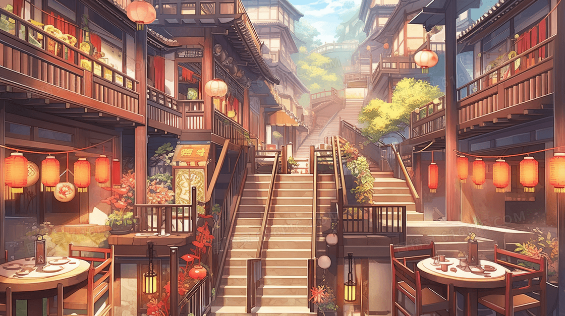 彩色传统古典中国风古镇