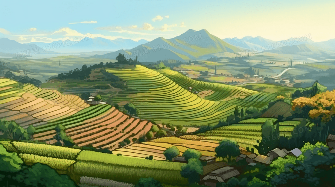 绿色夏季梯田美景插画
