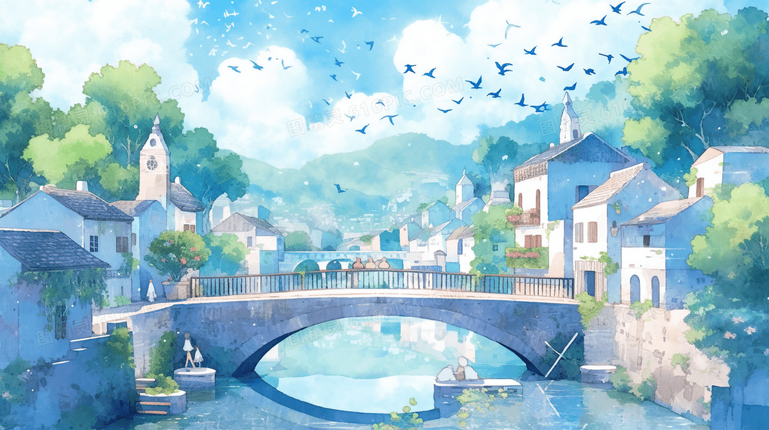 彩色夏季江南水乡美景插画