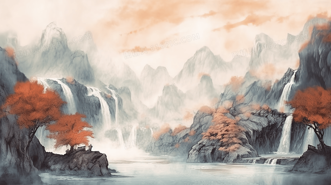 中国风古典山水瀑布水墨绘画
