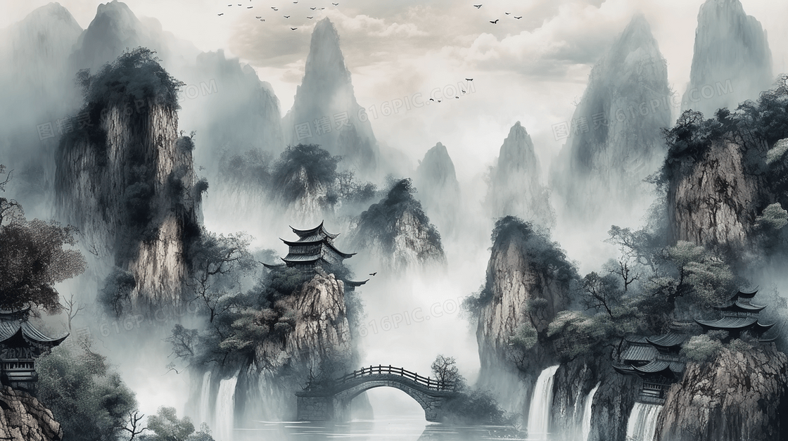 中国风古典山水瀑布水墨绘画