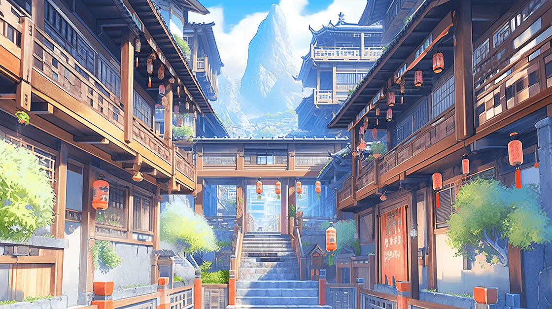 彩色传统古典中国风古镇