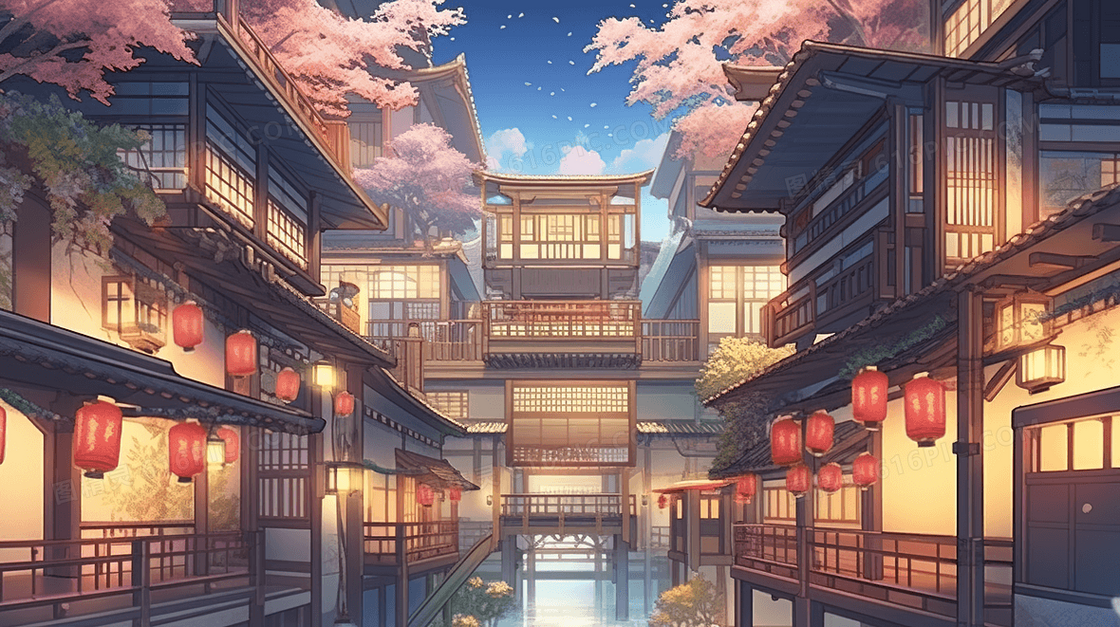 彩色传统古典中国风古镇