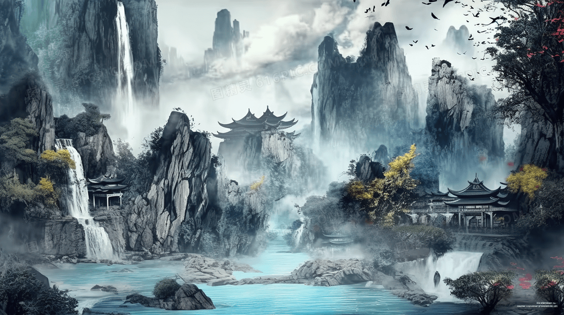 中国风古典山水瀑布水墨绘画