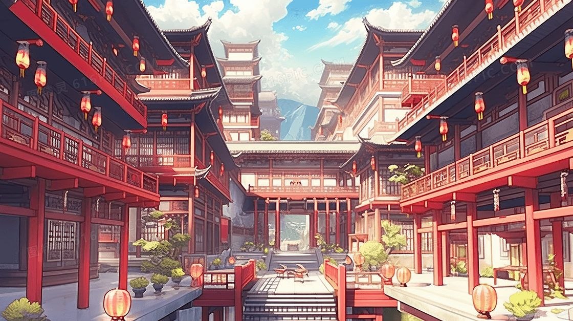 彩色传统古典中国风古镇