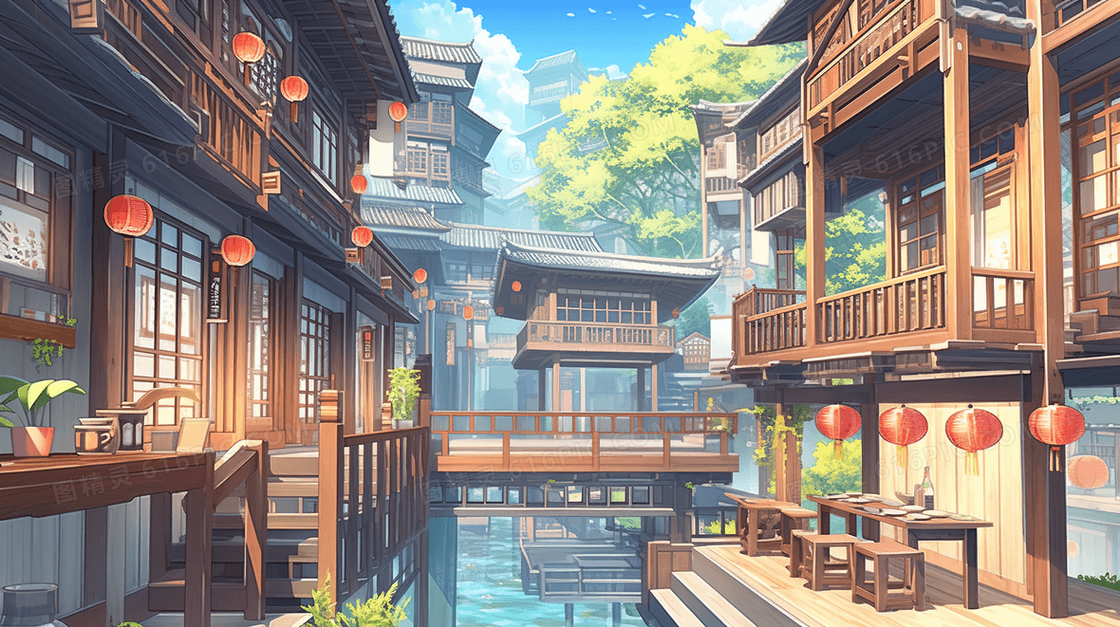 彩色传统古典中国风古镇