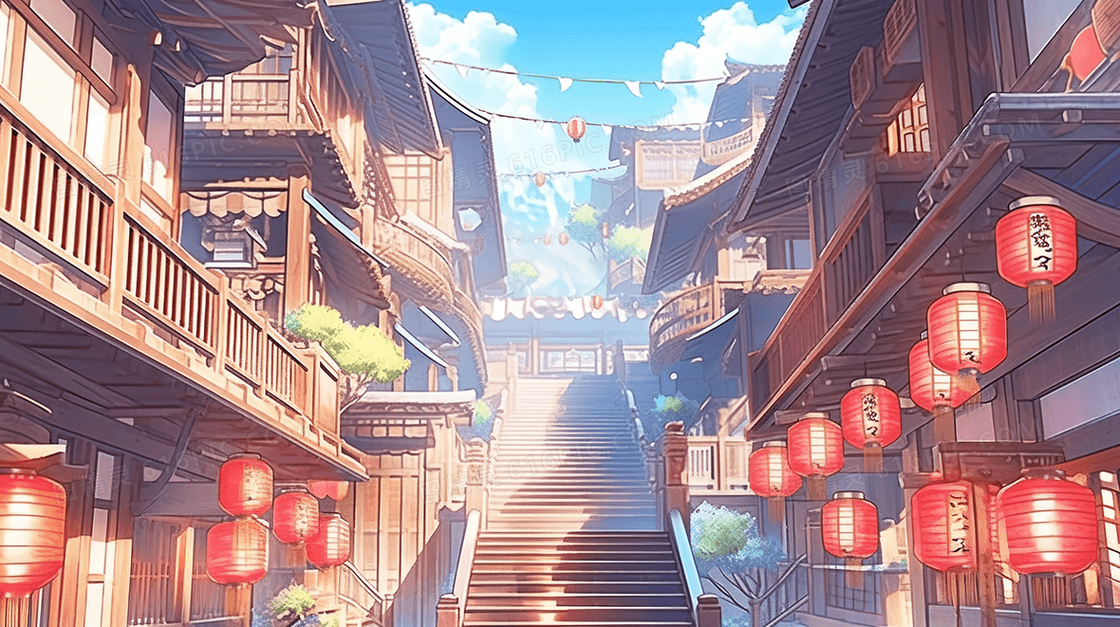 彩色传统古典中国风古镇