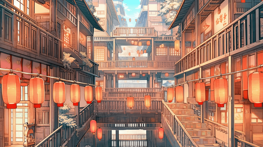 彩色传统古典中国风古镇