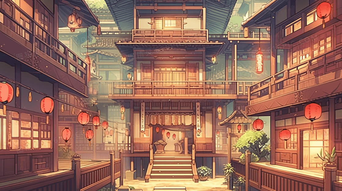 彩色传统古典中国风古镇