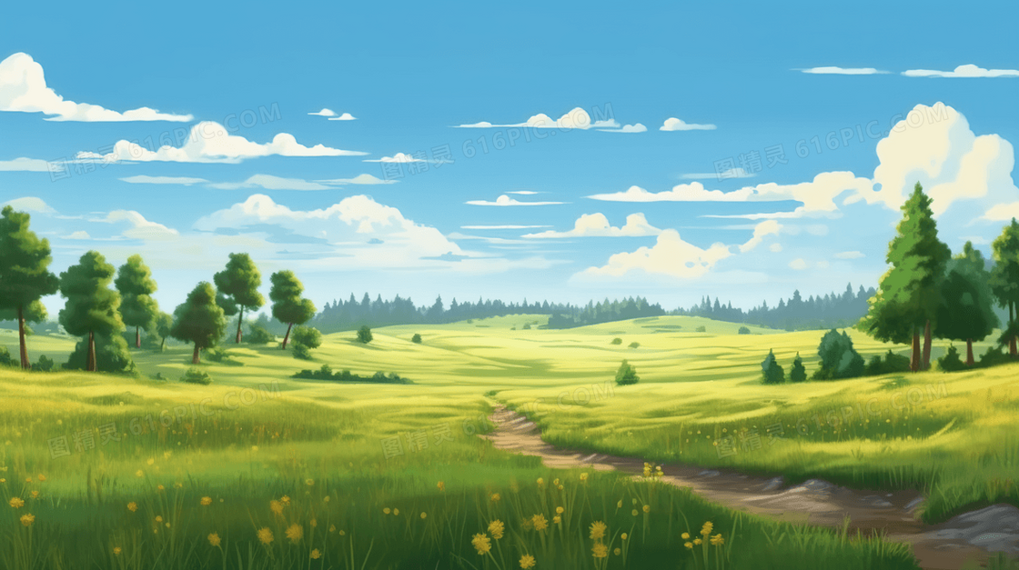 夏季一望无际的平原风景插画