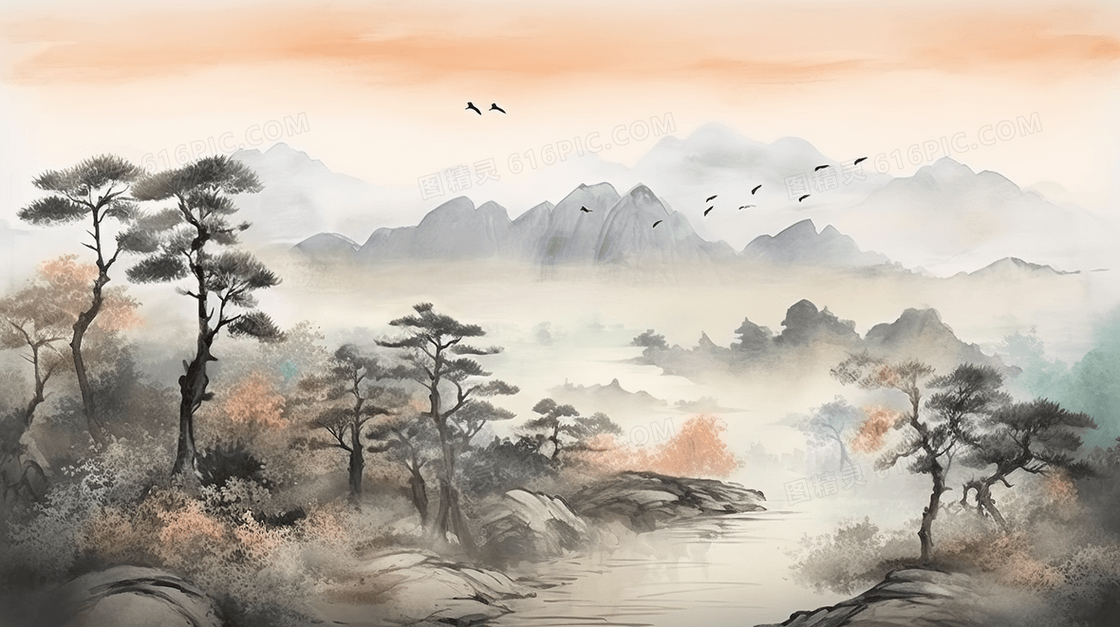 金色中国风古典山水风景绘画
