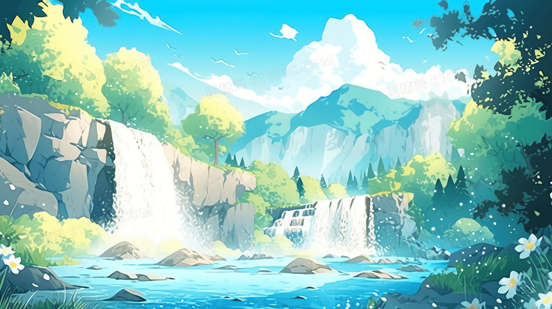 绿色夏季清凉瀑布河流插画