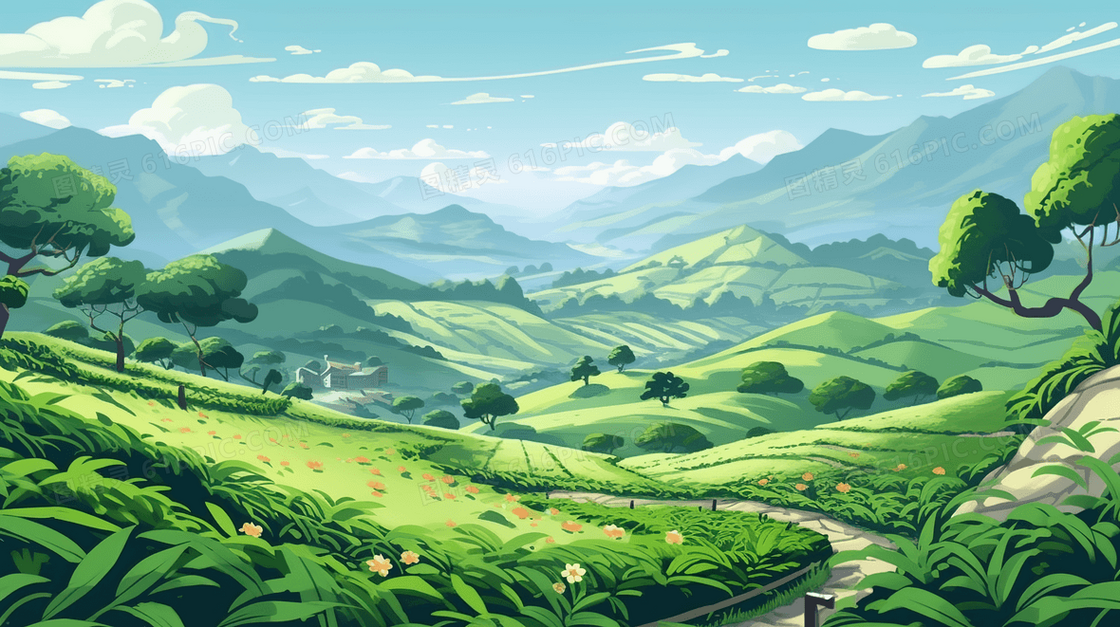 绿色自然茶山风景插画