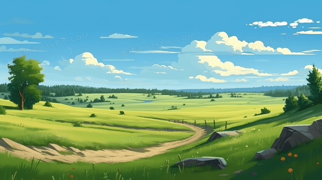 夏季一望无际的平原风景插画