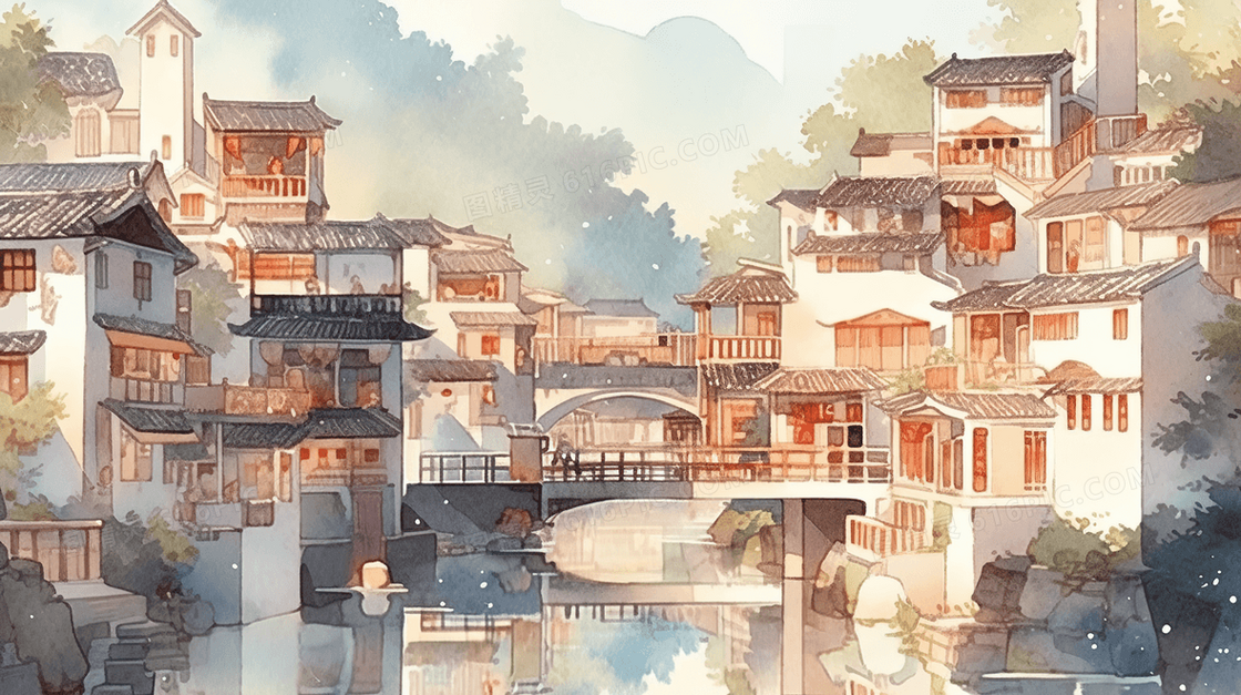 彩色江南水乡水彩插画