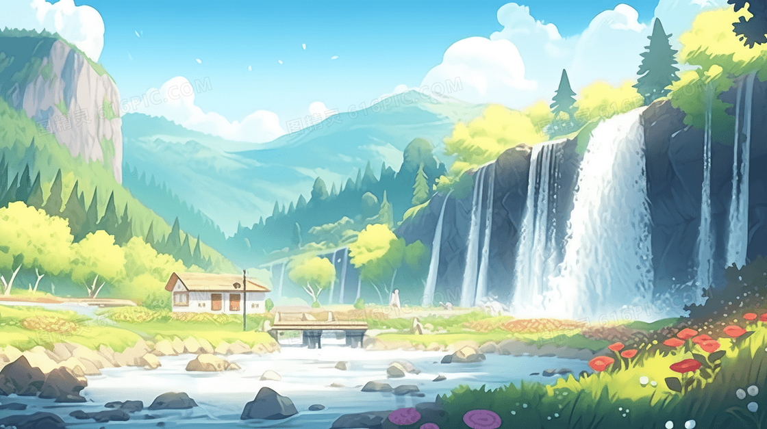 绿色夏季清凉瀑布河流插画