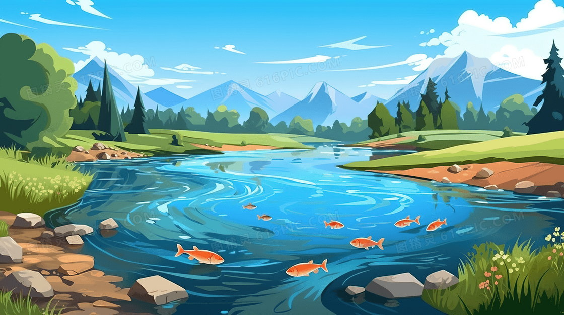 绿色夏季清凉小溪风景插画