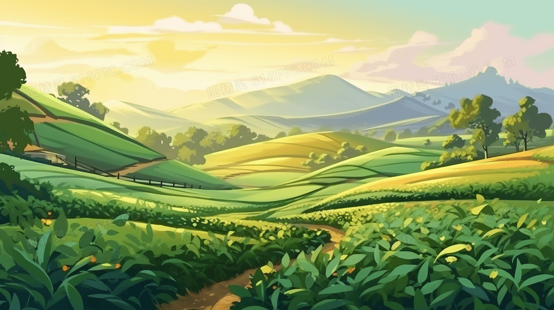 绿色自然茶山风景插画