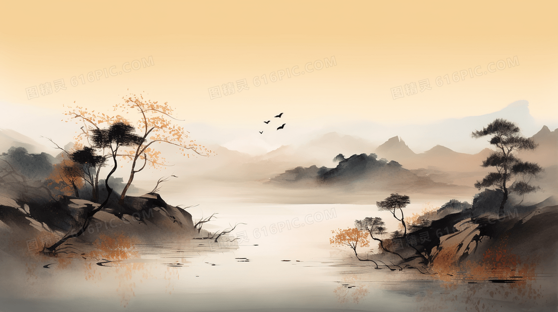中国风古典唯美简约山水画