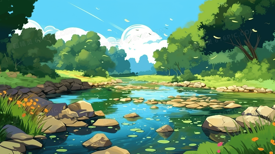 绿色夏季清凉小溪风景插画