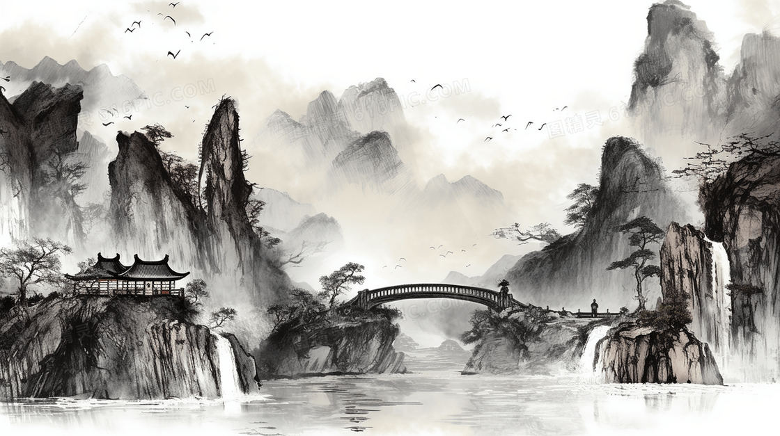 中国风传统古典山水水墨画
