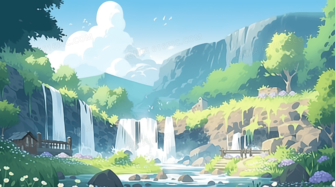 绿色夏季清凉瀑布河流插画