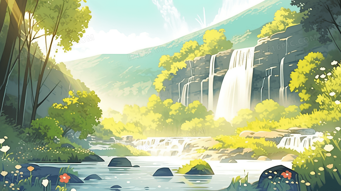 绿色夏季清凉瀑布河流插画
