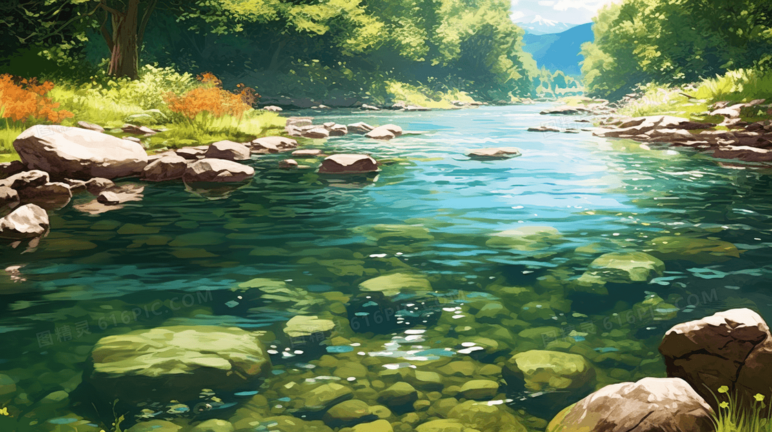 绿色夏季清凉小溪风景插画