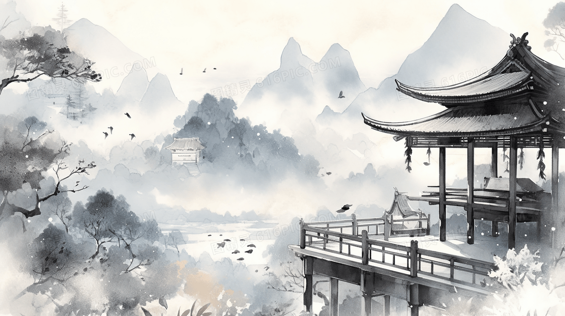传统古典中国山水画水墨画