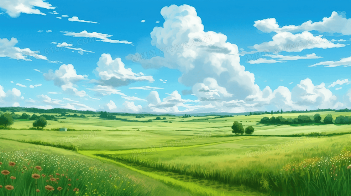夏季一望无际的平原风景插画