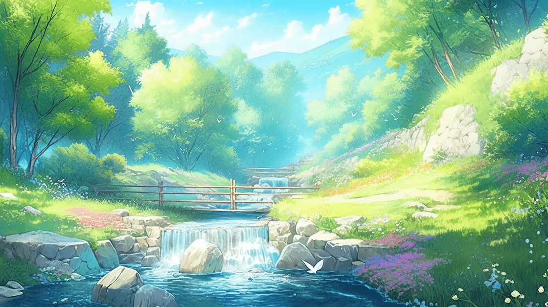 绿色夏季清凉小溪风景插画