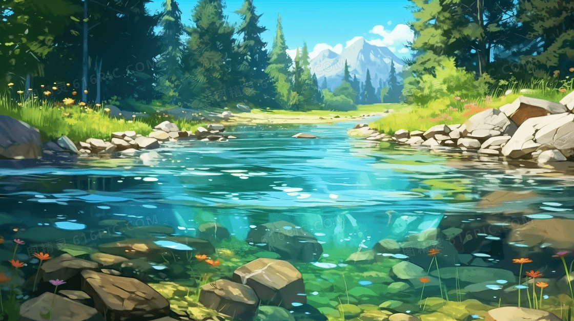 绿色夏季清凉小溪风景插画