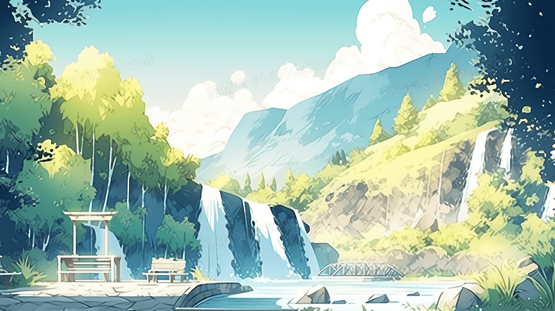 绿色夏季清凉瀑布河流插画