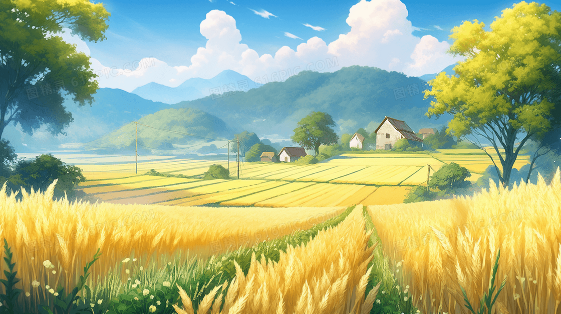 彩色夏季麦田丰收插画