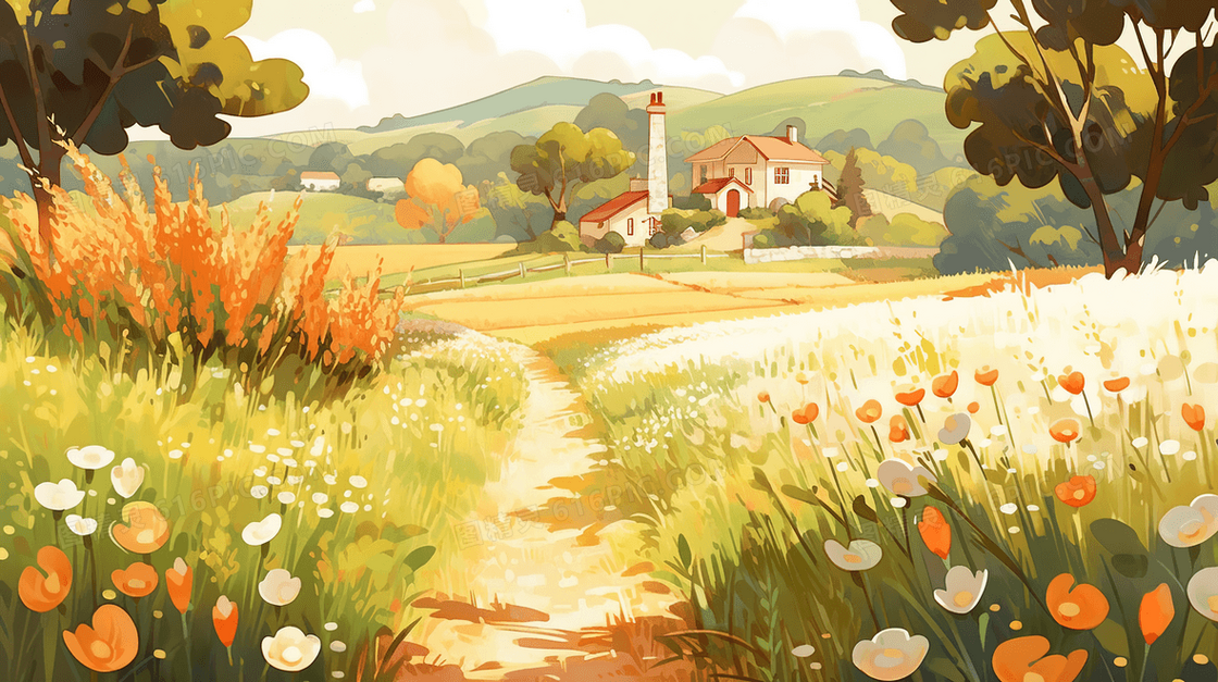 彩色夏季植物自然风景插画