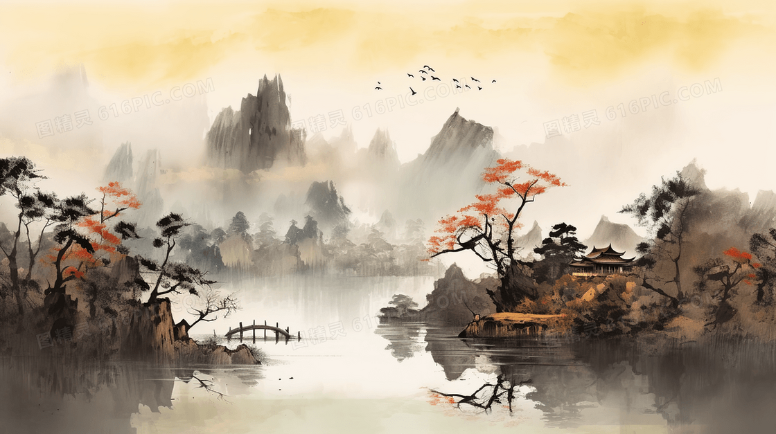 中国风古典唯美简约山水画