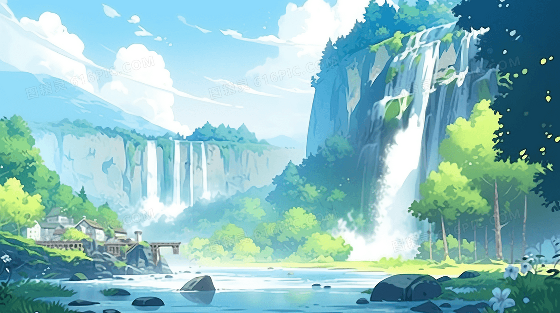绿色夏季清凉瀑布河流插画